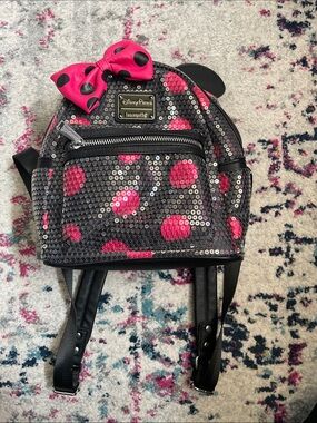 Loungefly Disney Minnie Mouse Polka Dot Sequined with Bow Mini Backpack Hot Pink